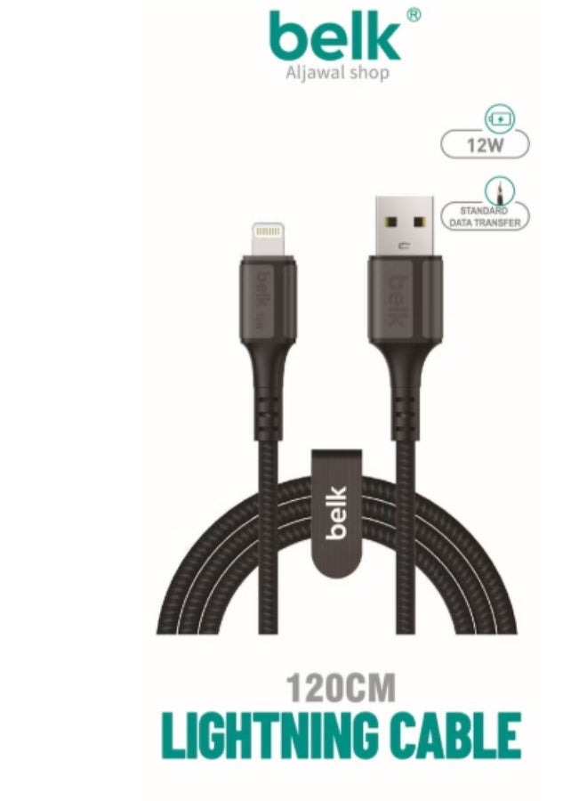 بيلك كابل شحن USB إلى Lightning مقاوم للقطع، مصنوع من قماش مقاوم للقطع، طوله 1.2 متر، لون أسود - Image 1